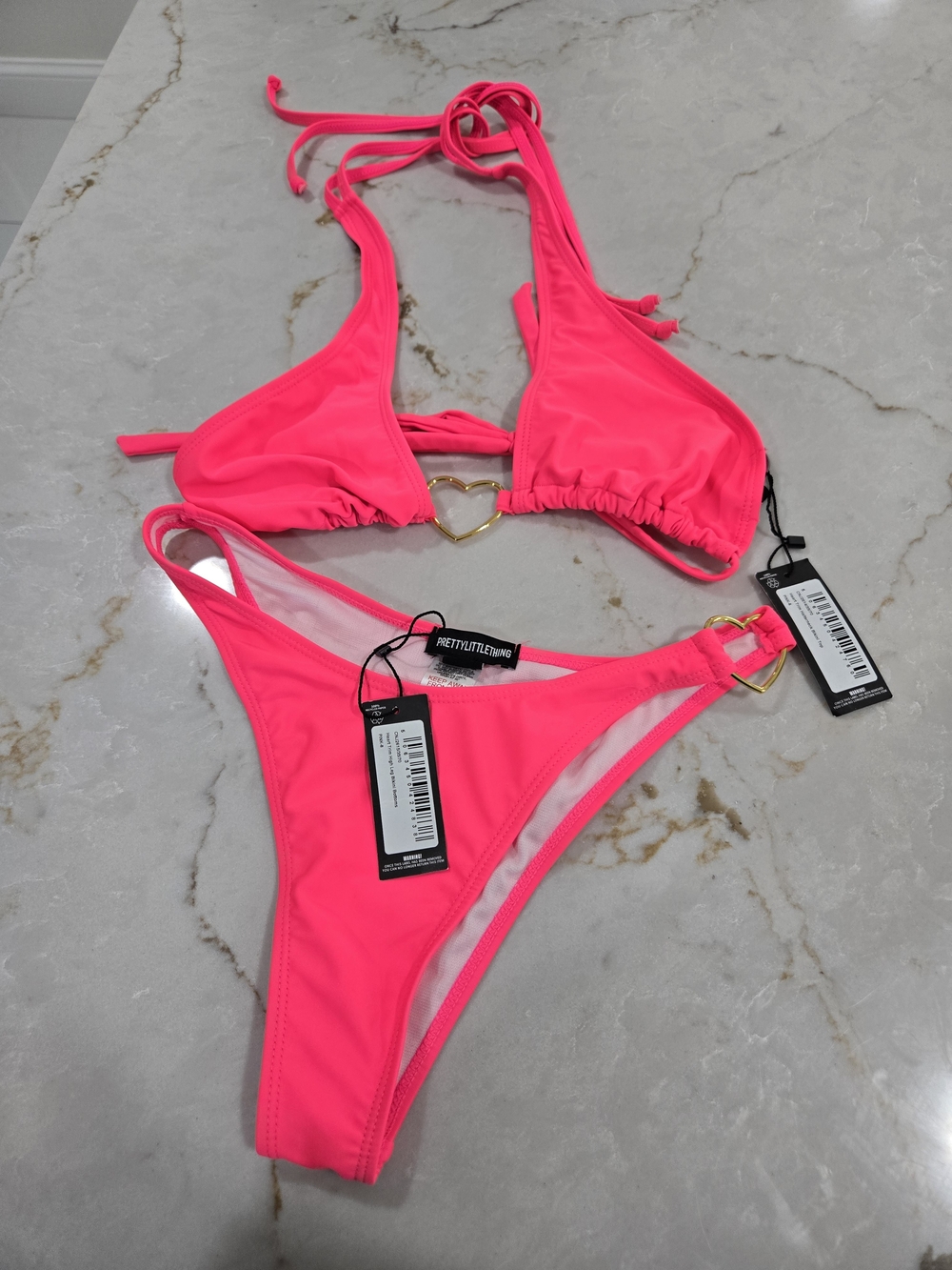 PrettyLittleThing Neon Pink Heart-Detail Triangle Bikini